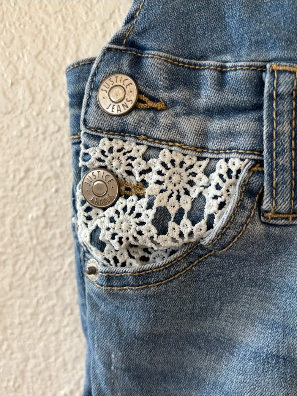 Justice girl size 8 Blue Denim Overalls Jeans with Lace Pocket Detail mid rise